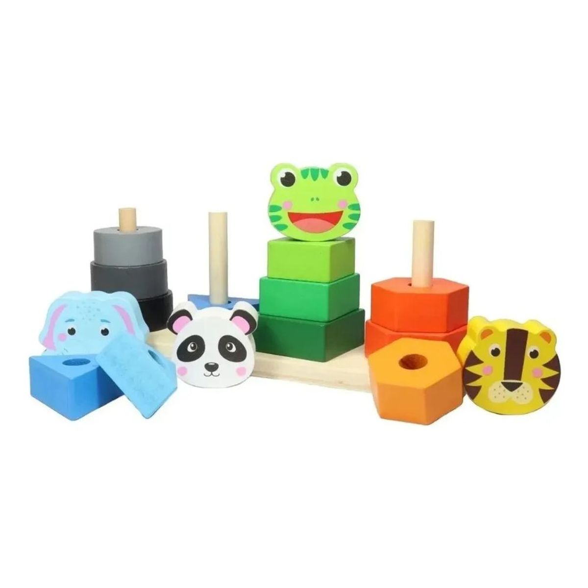 GENERICO - Juguete Apilable 4 Torres Figuras Animales Madera Preescolar