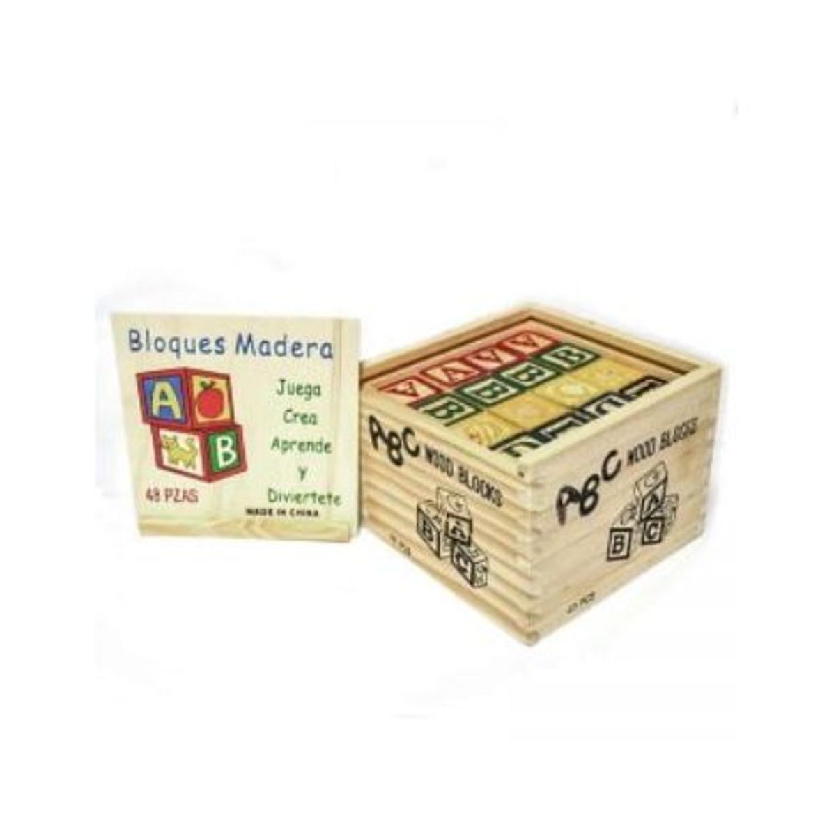 GENERICO - Cubo 48 Piezas Madera Letras Números