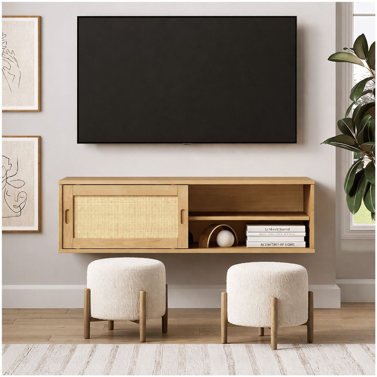 HOMER DESIGN - Rack Tv Flotante 140x30x40cm Puerta Deslizante Rattan