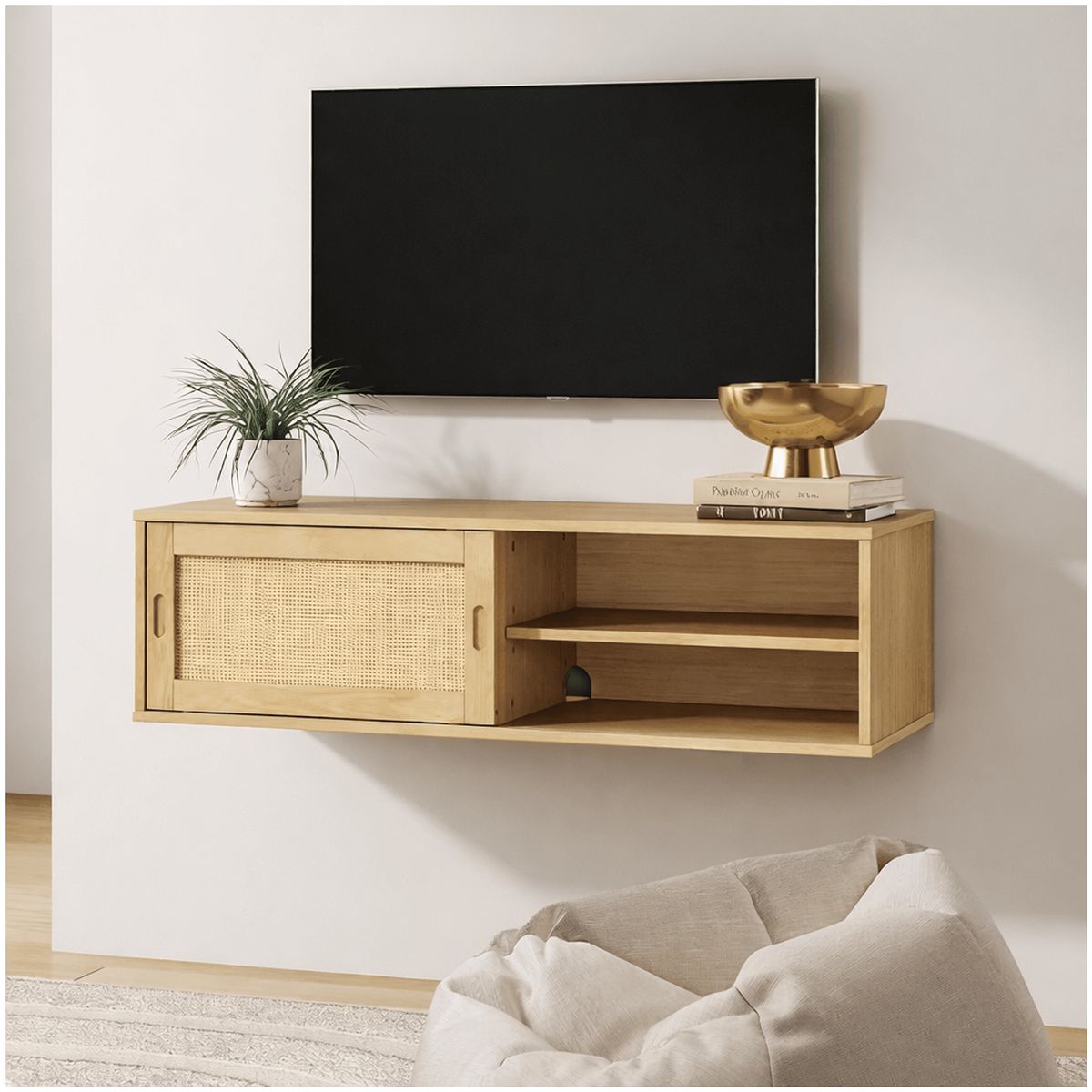 HOMER DESIGN - Rack Tv Flotante 140x30x40cm Puerta Deslizante Rattan