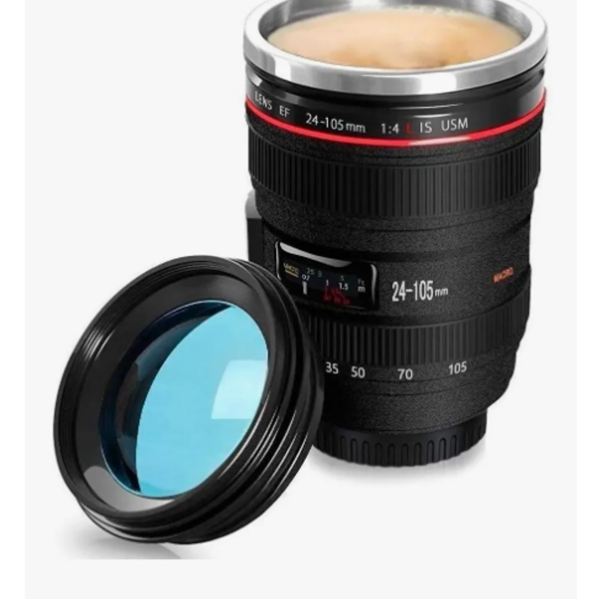 GENERICO - Termo Taza Vaso Forma Lente Fotográfico Acero Inox Con Tapa