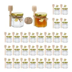 ATURE - Juego 30 Tarros Hexagonales Para Miel 45 Ml,cucharas Madera Vidrio