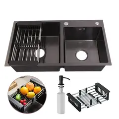GENERICO - Lavaplatos Doble 82x45 Acero Black Con Rejilla + Dispensador