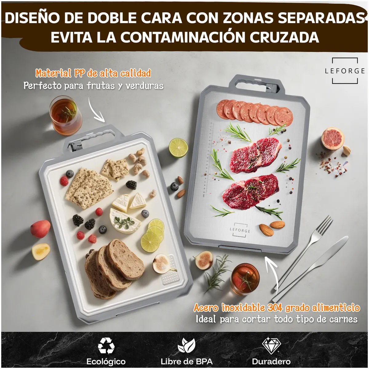 LEFORGE - Tabla De Cortar Picar Reversible Acero Inoxidable 304 Y PP