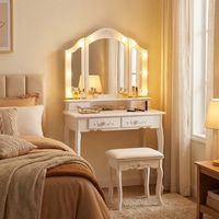 Tocador con Espejo Triple, Cajones y Taburete 75x40x139cm Blanco