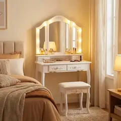 ROHE - Tocador con Espejo Triple, Cajones y Taburete 75x40x139cm Blanco