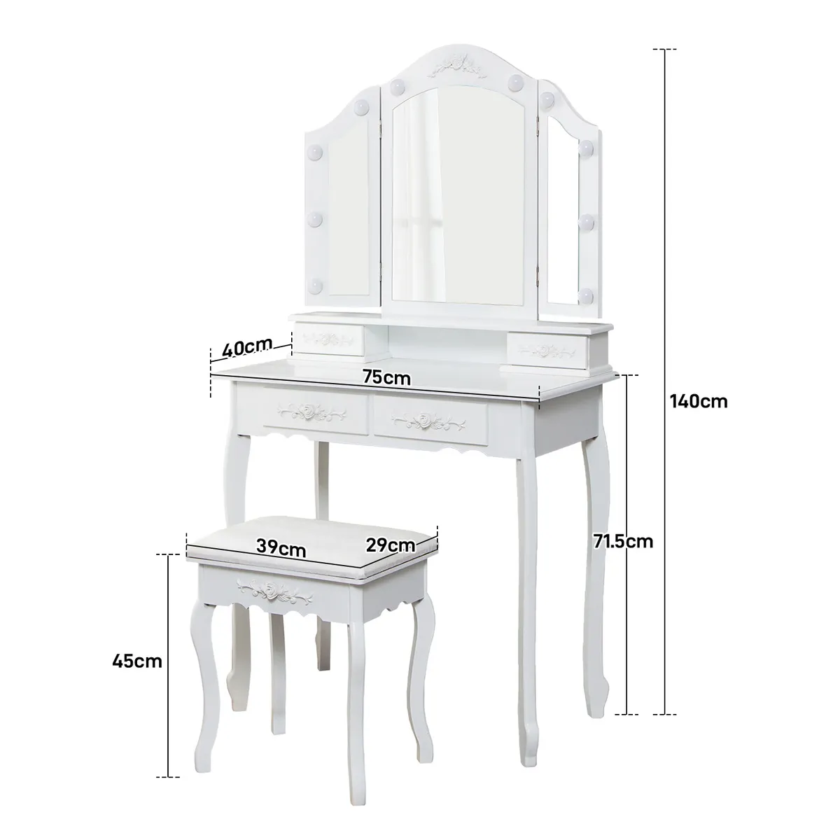 Tocador con Espejo Triple, Cajones y Taburete 75x40x139cm Blanco, marca ROHE - Foto 2