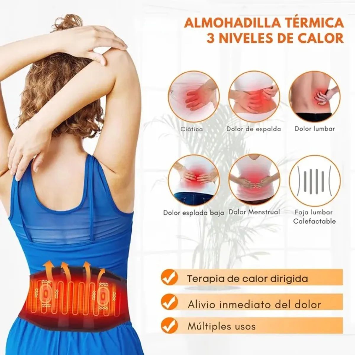 MOVI - Faja Lumbar Terapéutica con 3 Niveles de Calor - con Bolsillo para Compresas de Frio