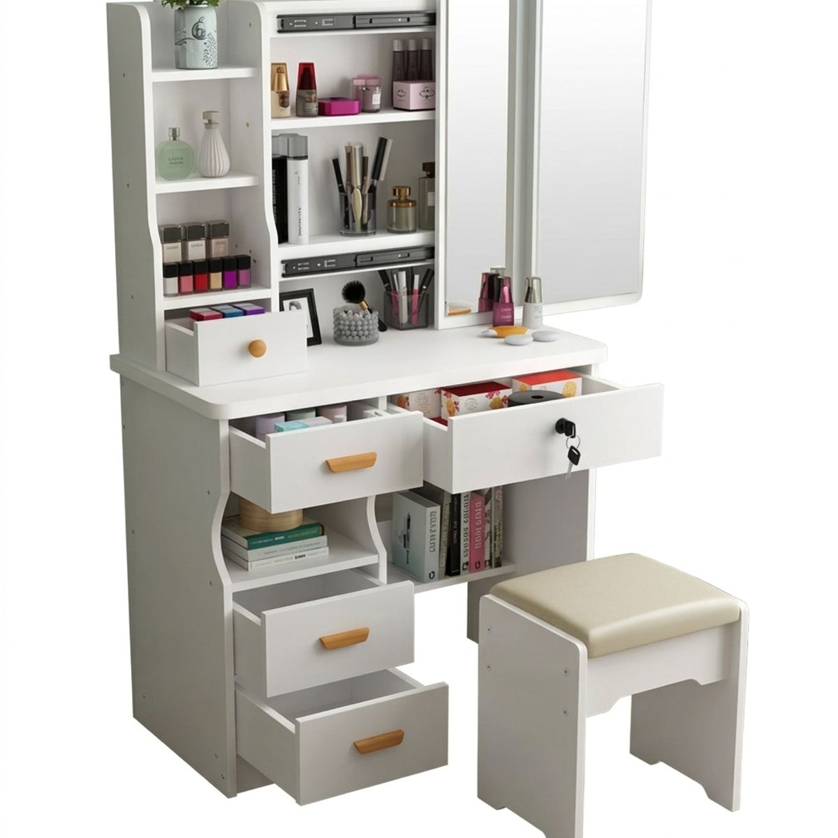 GENERICO - Tocador Con Taburete Blanco Y Espejo Giratorio 138x80x40cm cod-3136