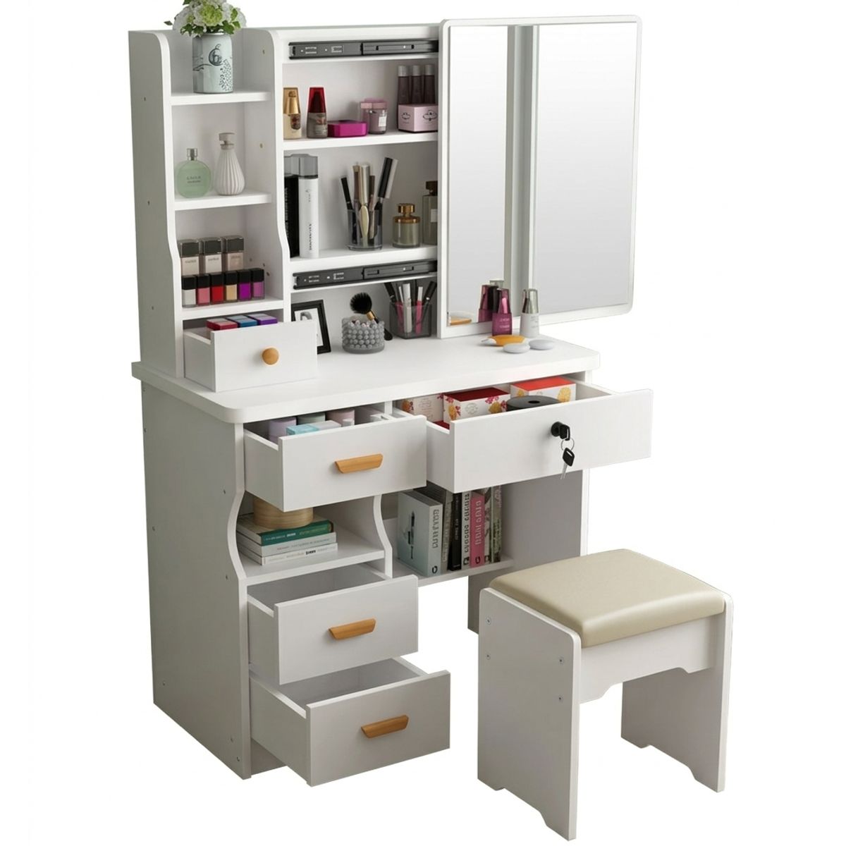 GENERICO - Tocador Con Taburete Blanco Y Espejo Giratorio 138x80x40cm cod-3136