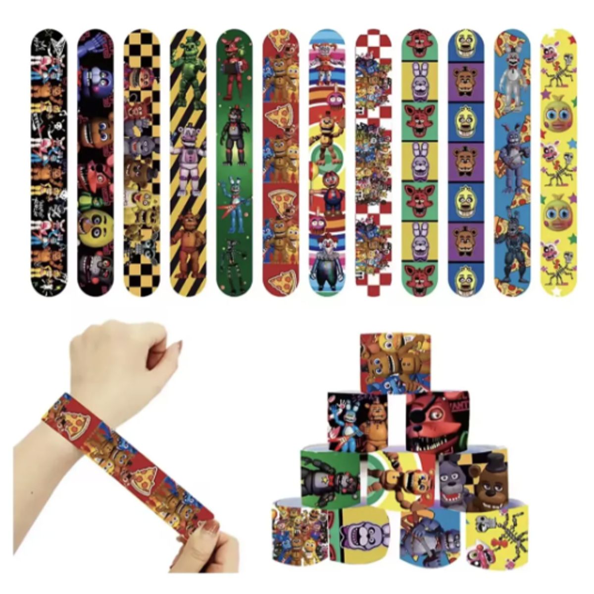 GENERICO - Pack 12 Pulseras Slap Five Nights Freddy Fnaf 22cm Fiestas Multicolor
