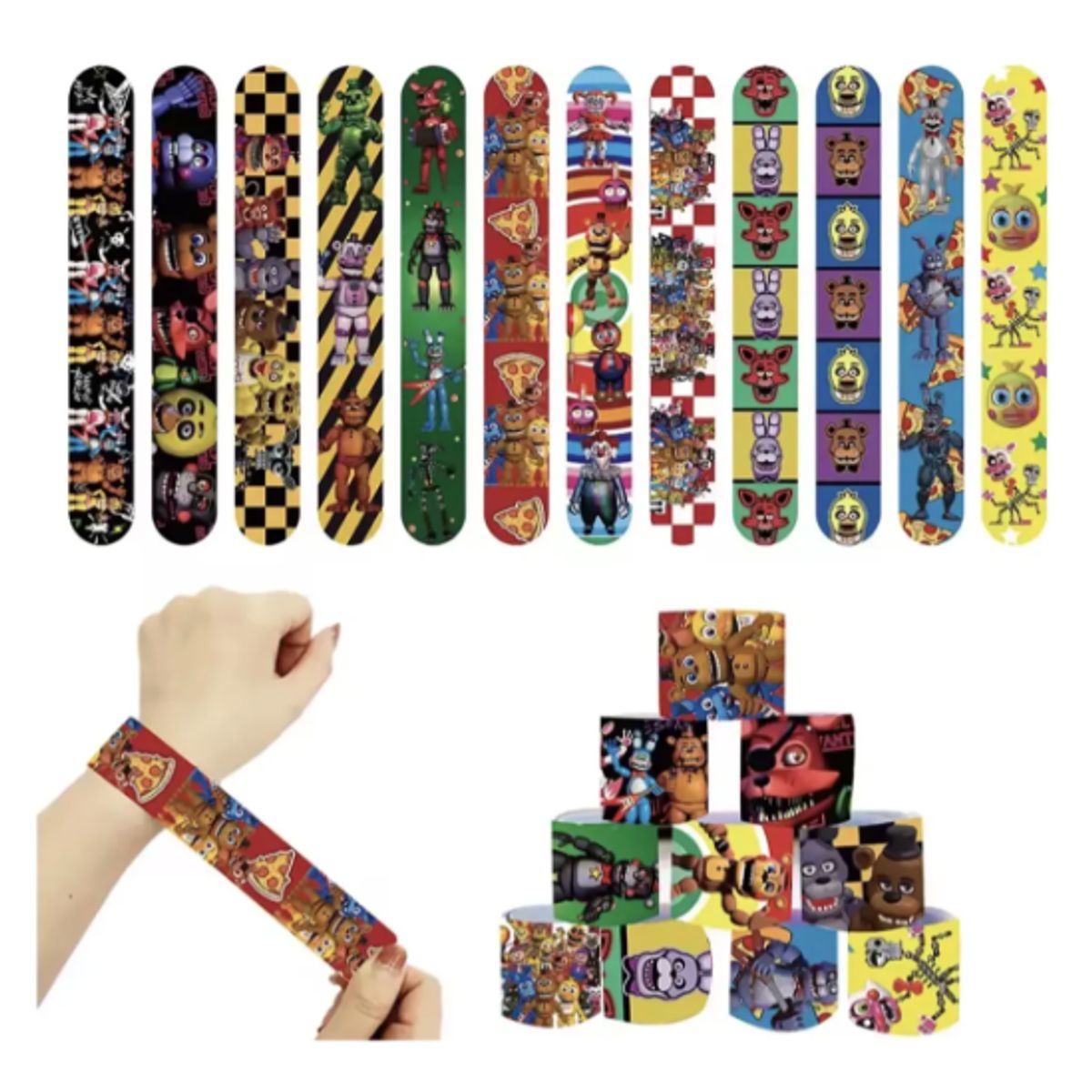 GENERICO - Pack 12 Pulseras Slap Five Nights Freddy Fnaf 22cm Fiestas Multicolor