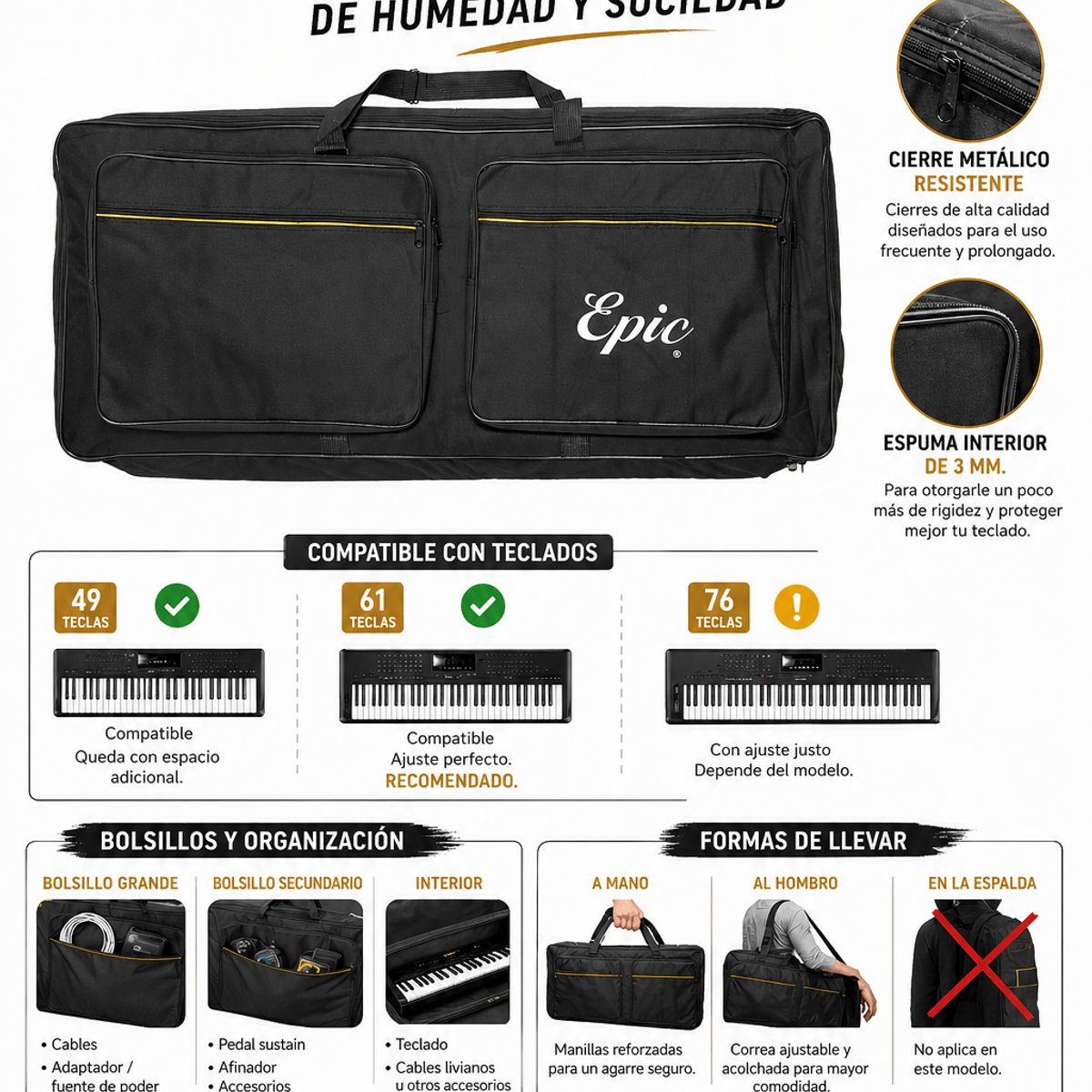 EPIC - Funda Teclado 61 Teclas Acolchada Pro Bolso Transporte Teclado