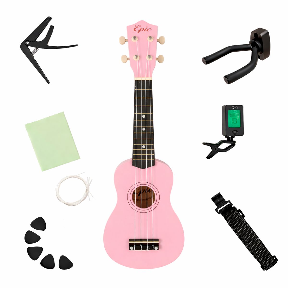 EPIC - Ukelele Soprano Rosado Epic 21 Kit Con Accesorios Para Principiantes