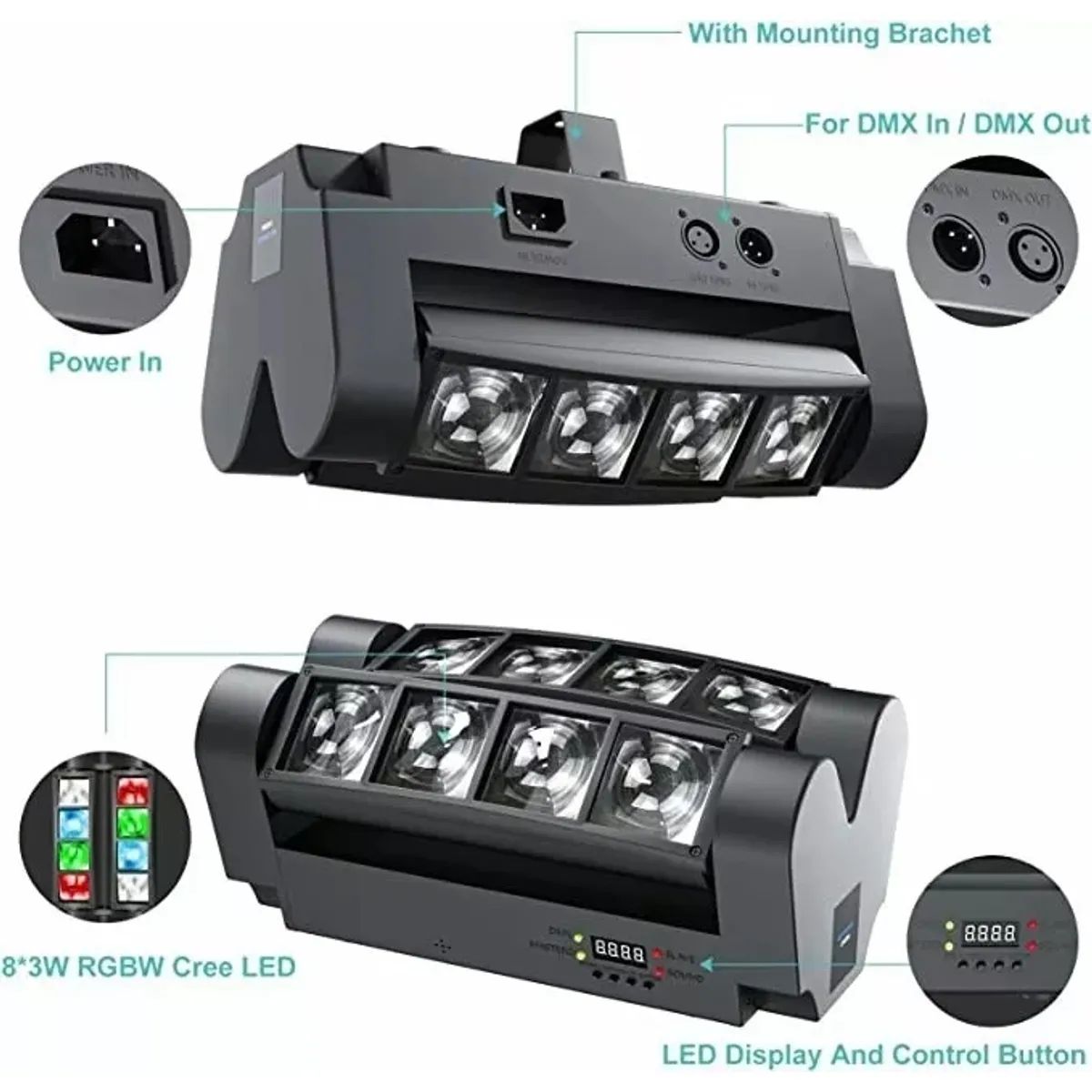 GENERICO - Luces Cabeza Móvil Led Spider Rgbw Dmx 8x3w Luz Disco