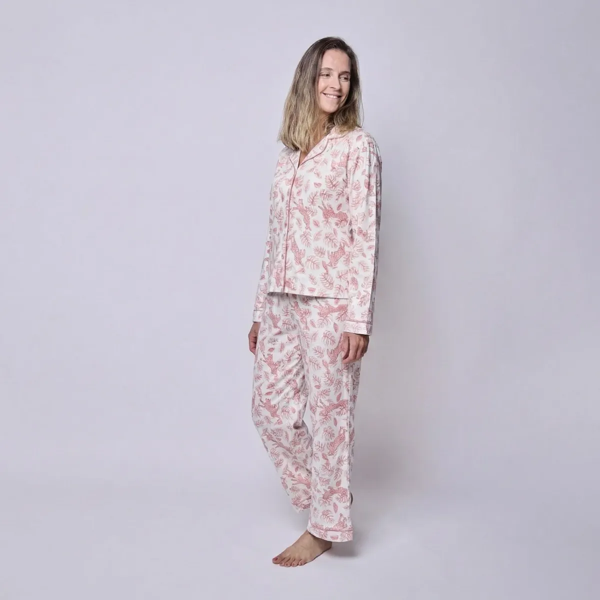 SIMPLY B - Pijama mujer manga larga África rosado con blusa algodón pima