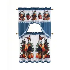 GENERICO - PACK DE CORTINA 3 PIEZAS PARA COCINA CON DISEÑO COLOR BLANCO CON AZUL