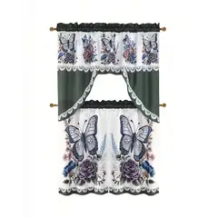 GENERICO - PACK DE CORTINA 3 PIEZAS PARA COCINA CON DISEÑO COLOR BLANCO CON VERDE