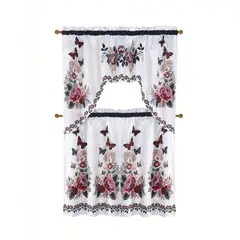 GENERICO - JUEGO DE CORTINA 3 PIEZAS PARA COCINA 1PIEZA152CMX91CM 2PIEZA75CMX91CM CON DISEÑO COLOR BLANCO