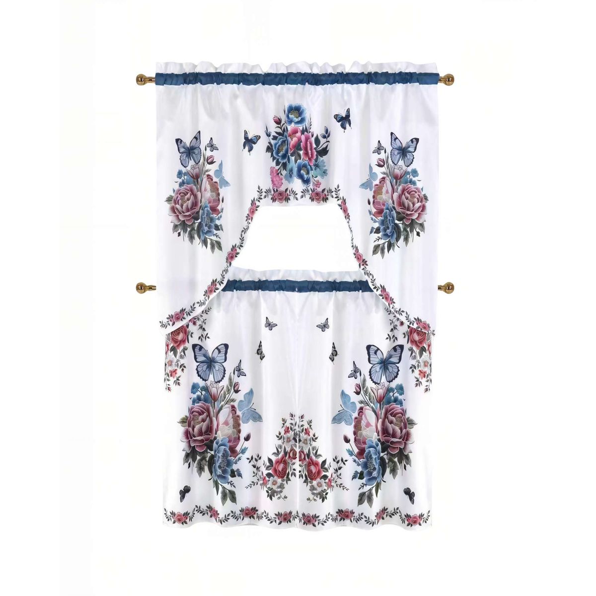 GENERICO - JUEGO DE CORTINA 3 PIEZAS PARA COCINA 1PIEZA152CMX91CM 2PIEZA75CMX91CM CON DISEÑO COLOR BLANCO CON DETALLES EN AZUL