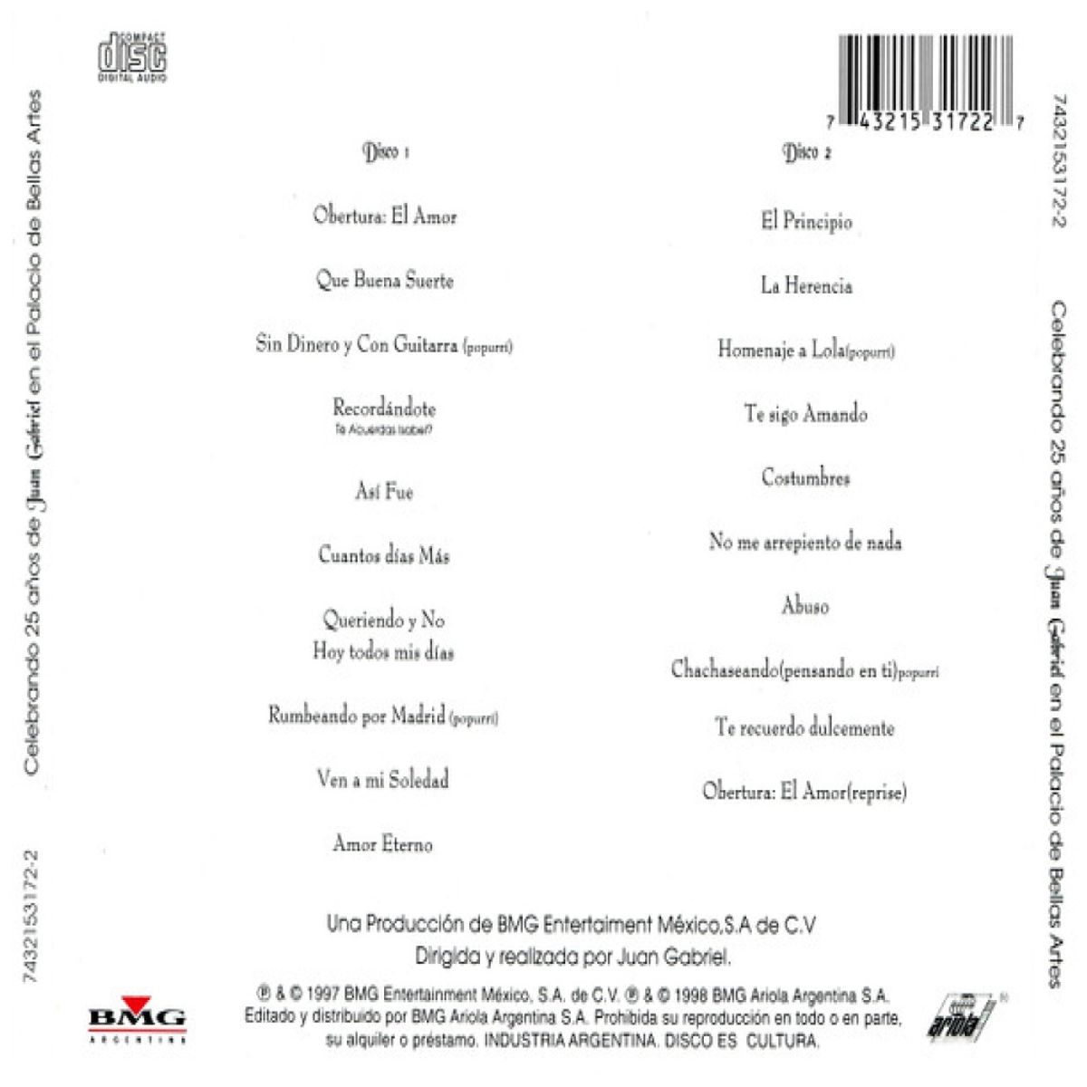 HITWAY MUSIC - JUAN GABRIEL - 25 AÑOS EN EL PALACIO DE BELLAS ARTES 2CD - CD