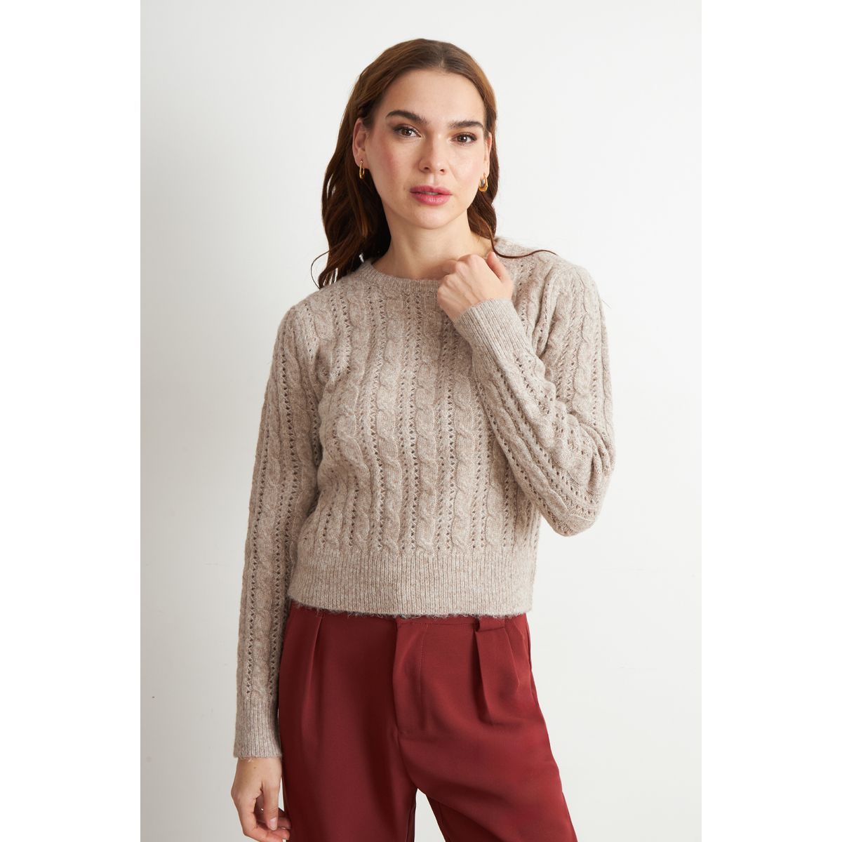 NICOPOLY - Sweater de Punto Calado Café Nicopoly