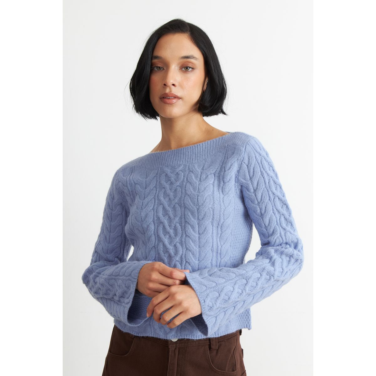 NICOPOLY - Sweater con Patrón Trenzado Celeste Nicopoly