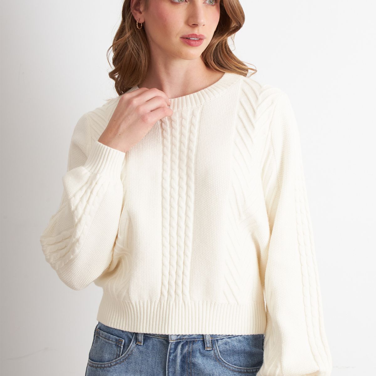 NICOPOLY - Sweater Trenzado Cuello Redondo Blanco Nicopoly