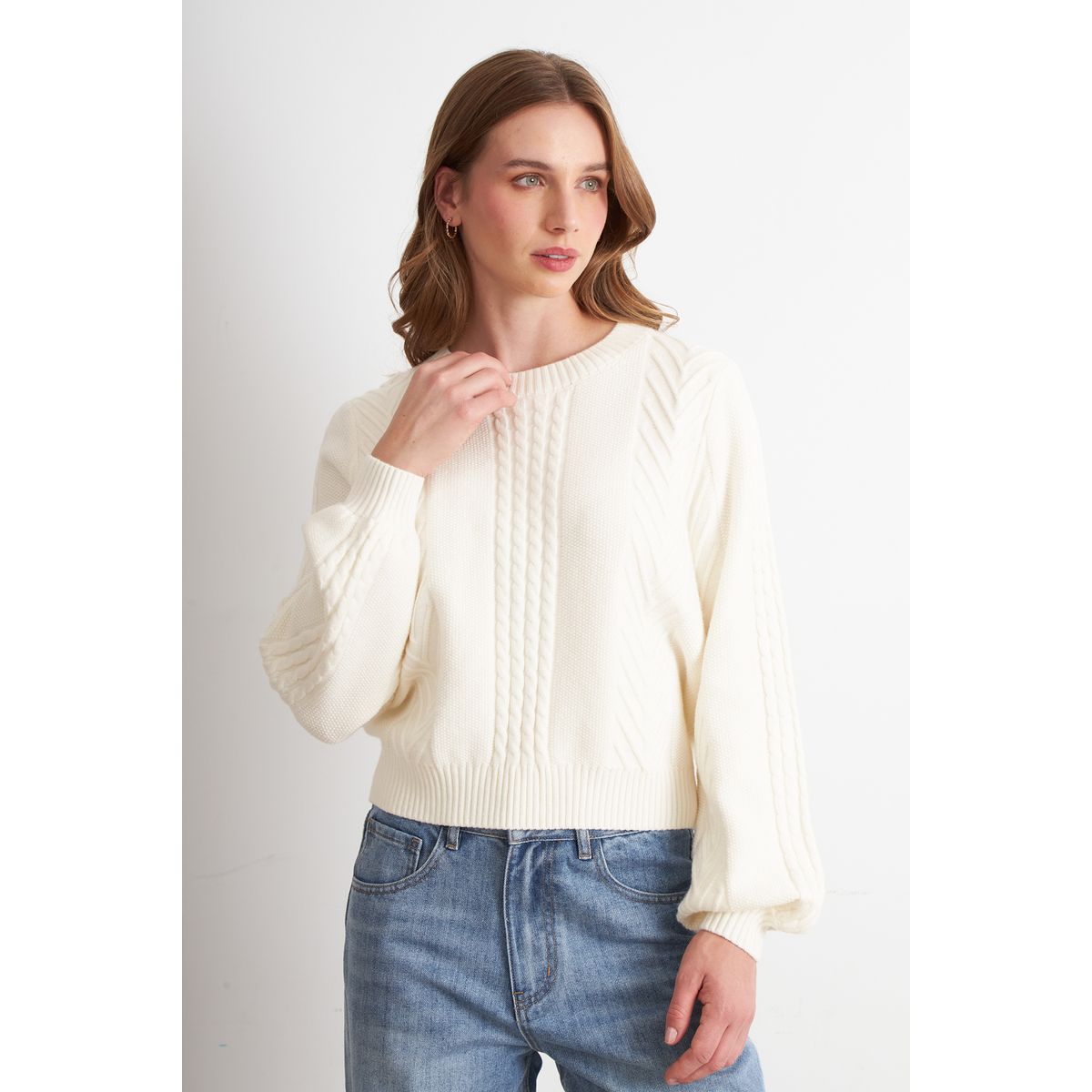 NICOPOLY - Sweater Trenzado Cuello Redondo Blanco Nicopoly