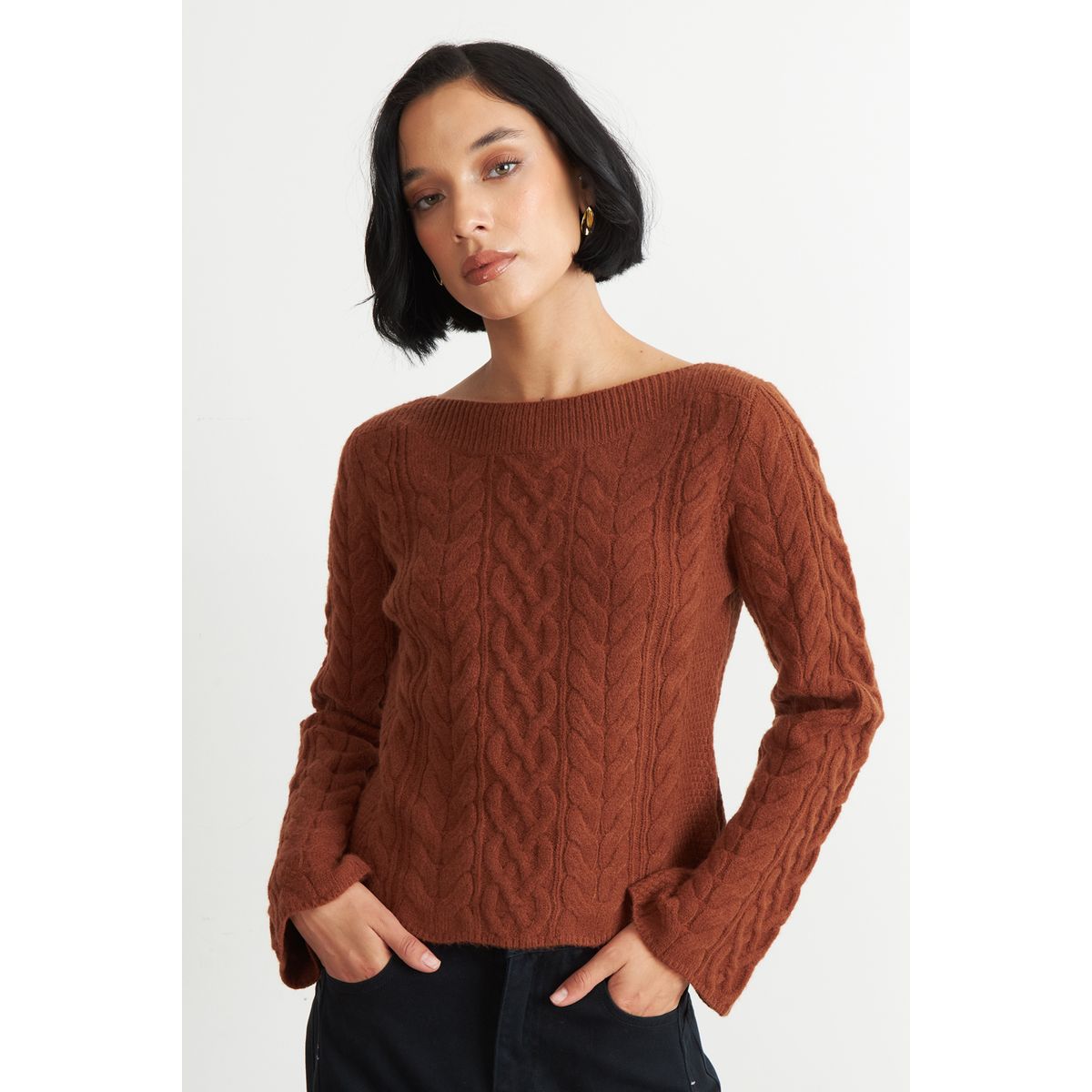 NICOPOLY - Sweater con Patrón Trenzado Mocca Nicopoly