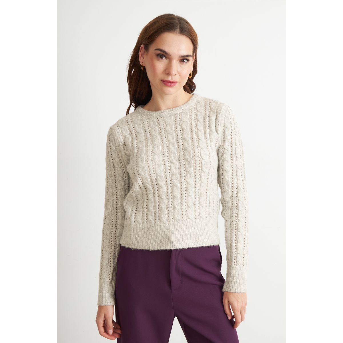 NICOPOLY - Sweater de Punto Calado Beige Nicopoly