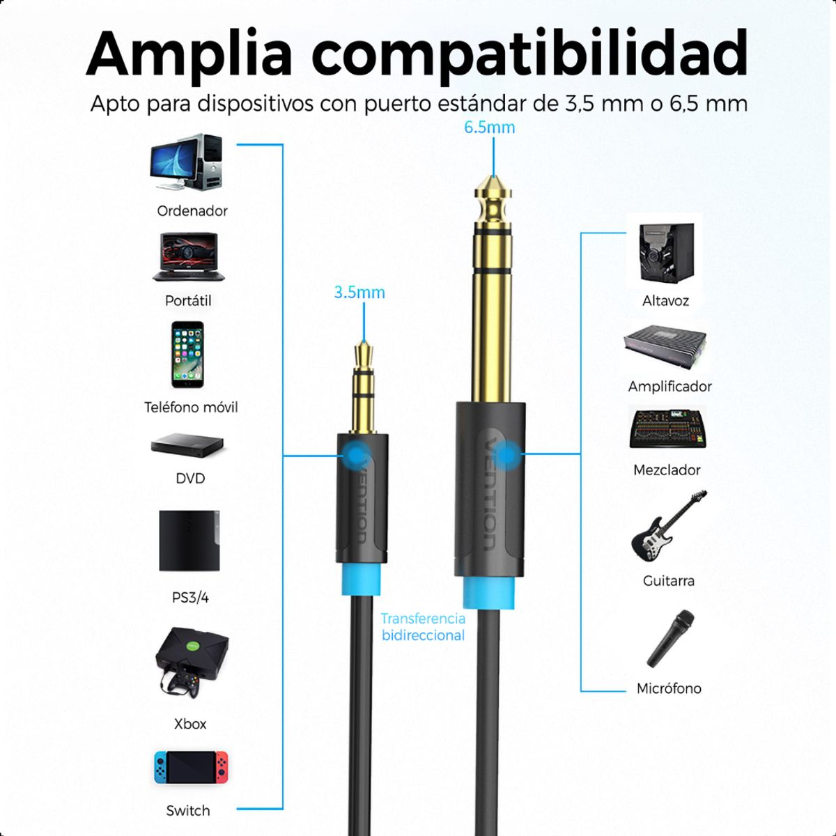 VENTION - Cable Audio Auxiliar 6.3mm A 3.5mm Estéreo 5m Profesional