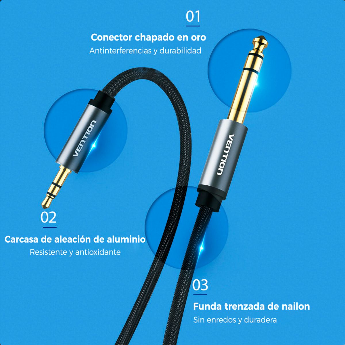 VENTION - Cable Audio Nylon Reforzado 3.5mm A 6.35mm Trs Estéreo 1.5m