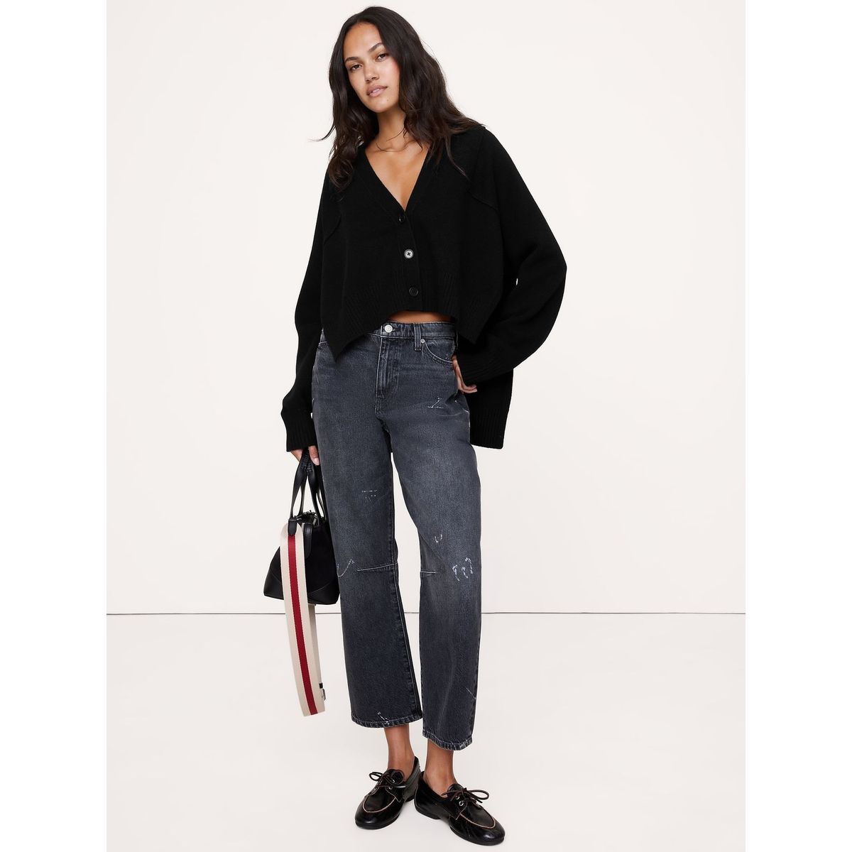 BANANA REPUBLIC - Cardigan Mujer Oversized Merino-Algodón Negro Banana Republic