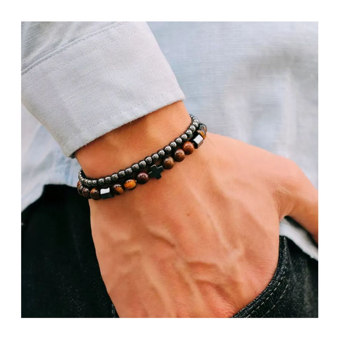 GENERICO - Pulsera Doble Cruz Hematita Piedra Ojo De Tigre Unisex