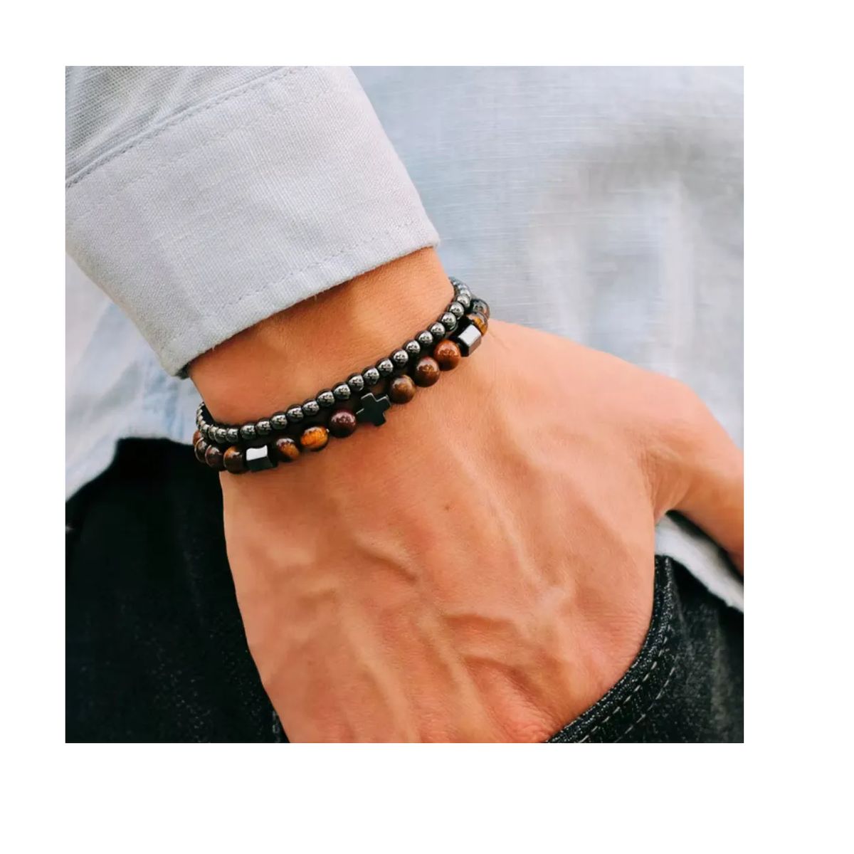 GENERICO - Pulsera Doble Cruz Hematita Piedra Ojo De Tigre Unisex