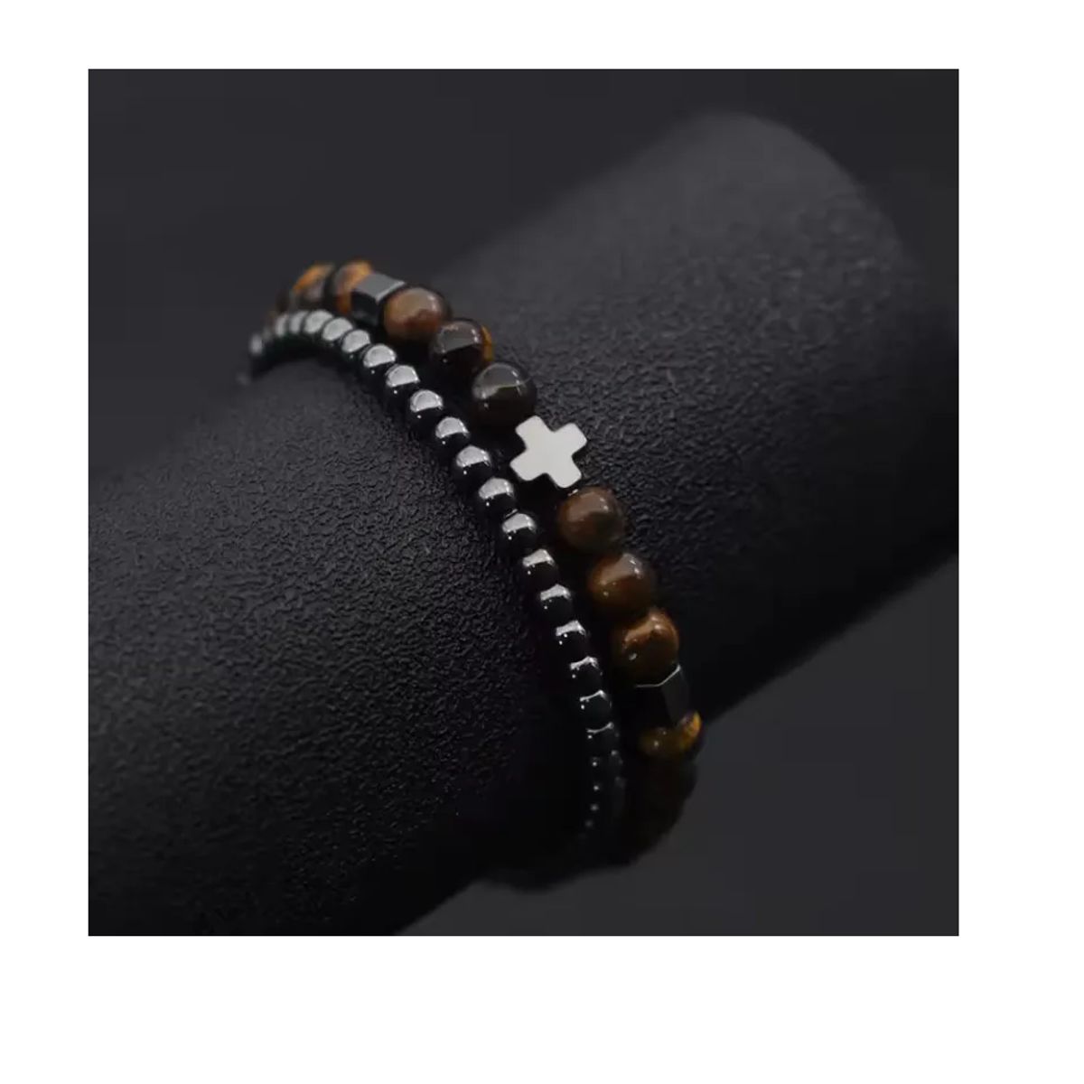 GENERICO - Pulsera Doble Cruz Hematita Piedra Ojo De Tigre Unisex