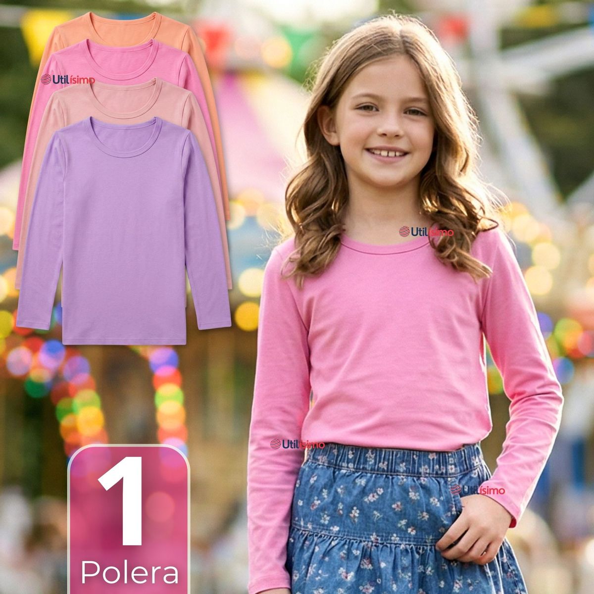 UTILISIMO - Camiseta Polera Bambú Cuello Redondo Primera Capa Manga Larga Colores Surtido Niña