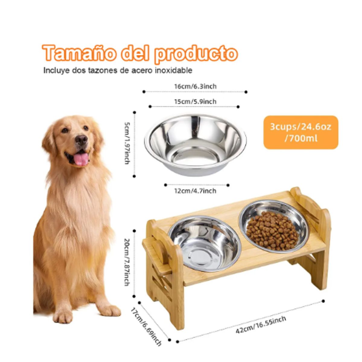 GENERICO - Comedero Bebedero Ajustable 2 En 1 Para Mascotas Perro Gato Marrón Claro