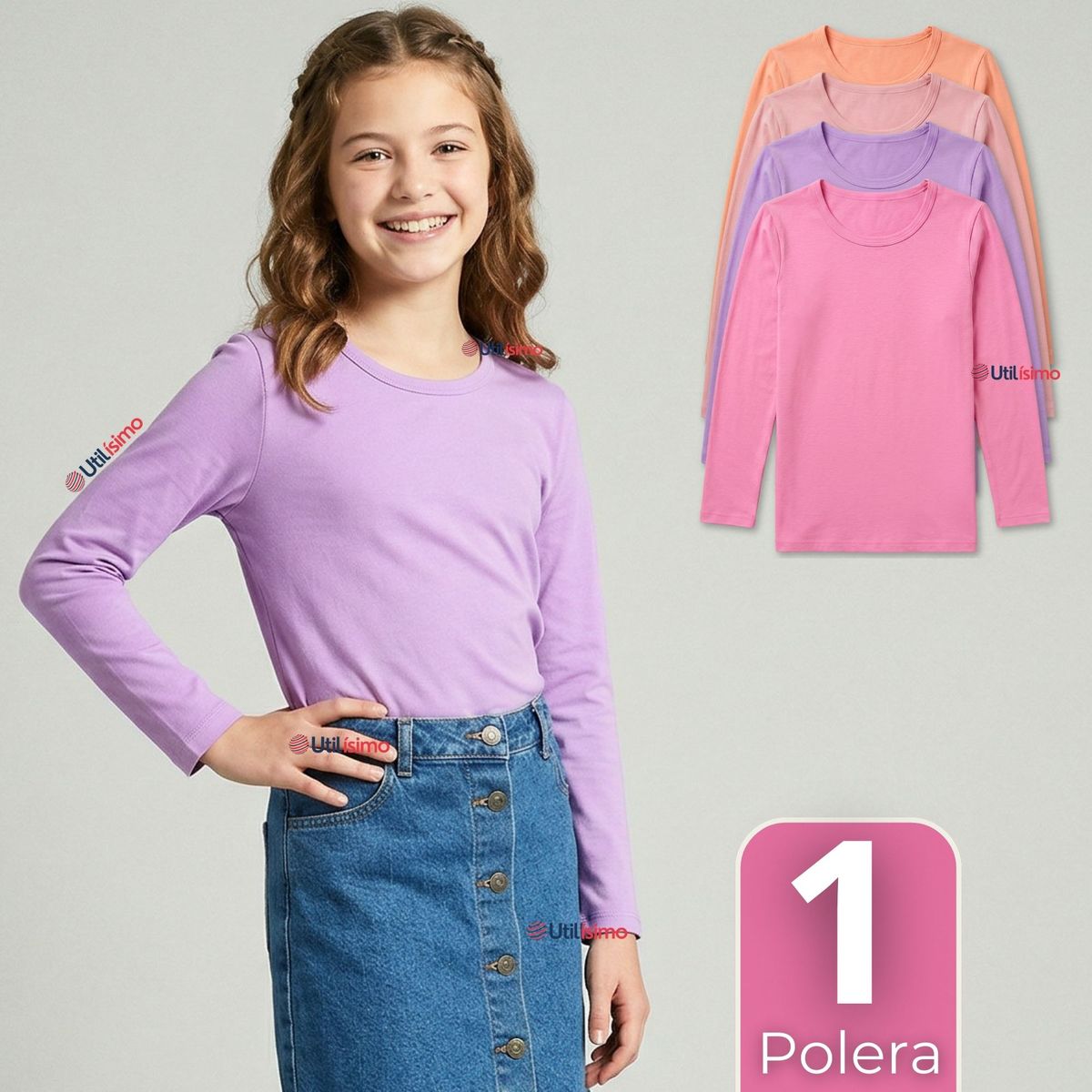 UTILISIMO - Camiseta Polera Bambú Cuello Redondo Primera Capa Manga Larga Colores Surtido Niña