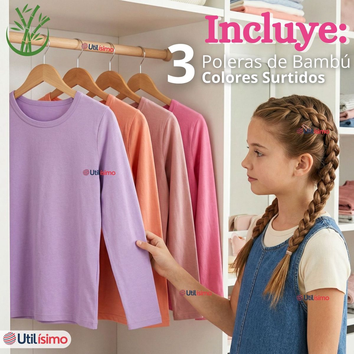 UTILISIMO - Pack 3 Camisetas Polera Bambú Cuello Redondo Primera Capa Manga Larga Colores Surtido Niña