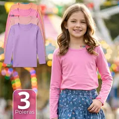 UTILISIMO - Pack 3 Camisetas Polera Bambú Cuello Redondo Primera Capa Manga Larga Colores Surtido Niña