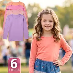 UTILISIMO - Pack 6 Camisetas Polera Bambú Cuello Redondo Primera Capa Manga Larga Colores Surtido Niña