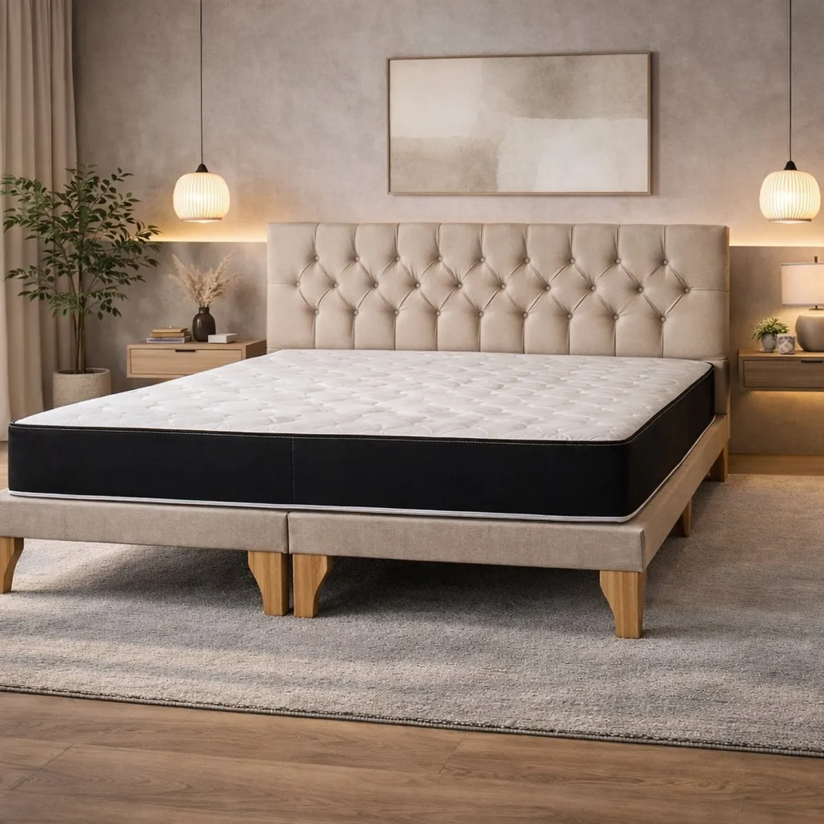 GENERICO - Cama 2 Plazas Hybrid Comfort con Colchón, Box y Respaldo Capitoné en Lino Beige