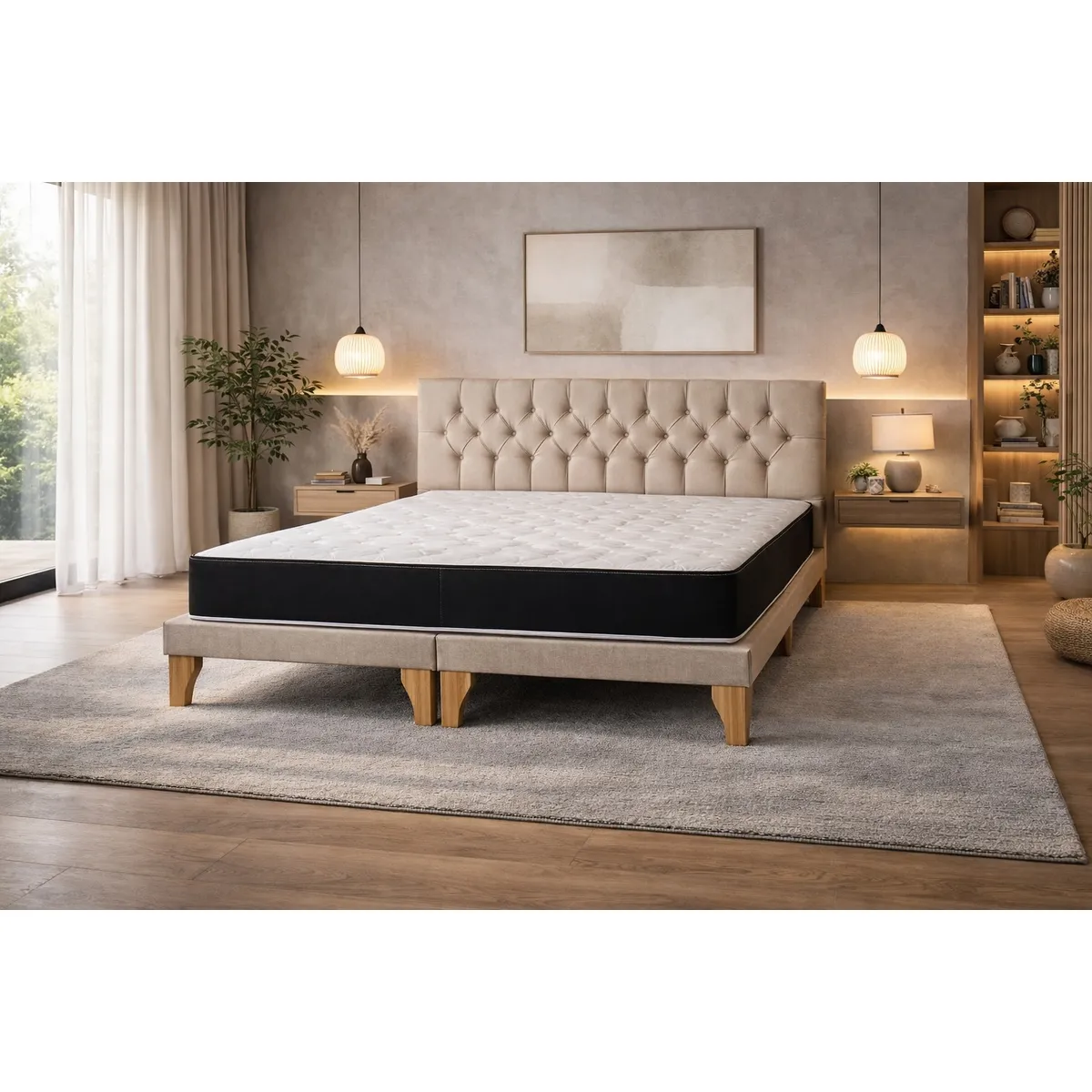 GENERICO - Cama 2 Plazas Hybrid Comfort con Colchón, Box y Respaldo Capitoné en Lino Beige