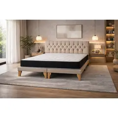 GENERICO - Cama 2 Plazas Hybrid Comfort con Colchón, Box y Respaldo Capitoné en Lino Beige