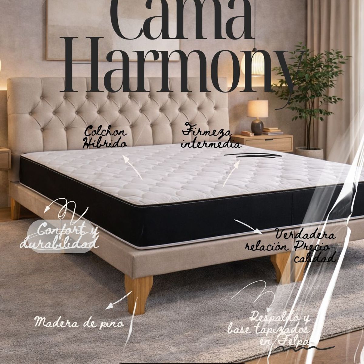 GENERICO - Cama 2 Plazas Hybrid Comfort con Colchón, Box y Respaldo Capitoné en Lino Beige