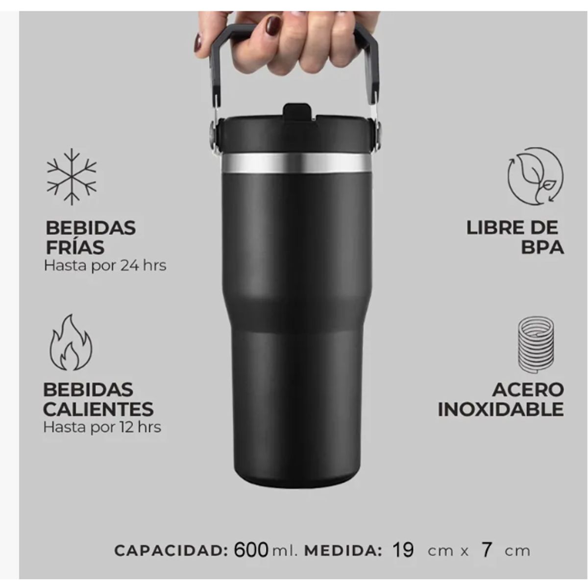 GENERICO - Vaso Térmico 600 Ml Con Asa Color Sólido Acero Inox