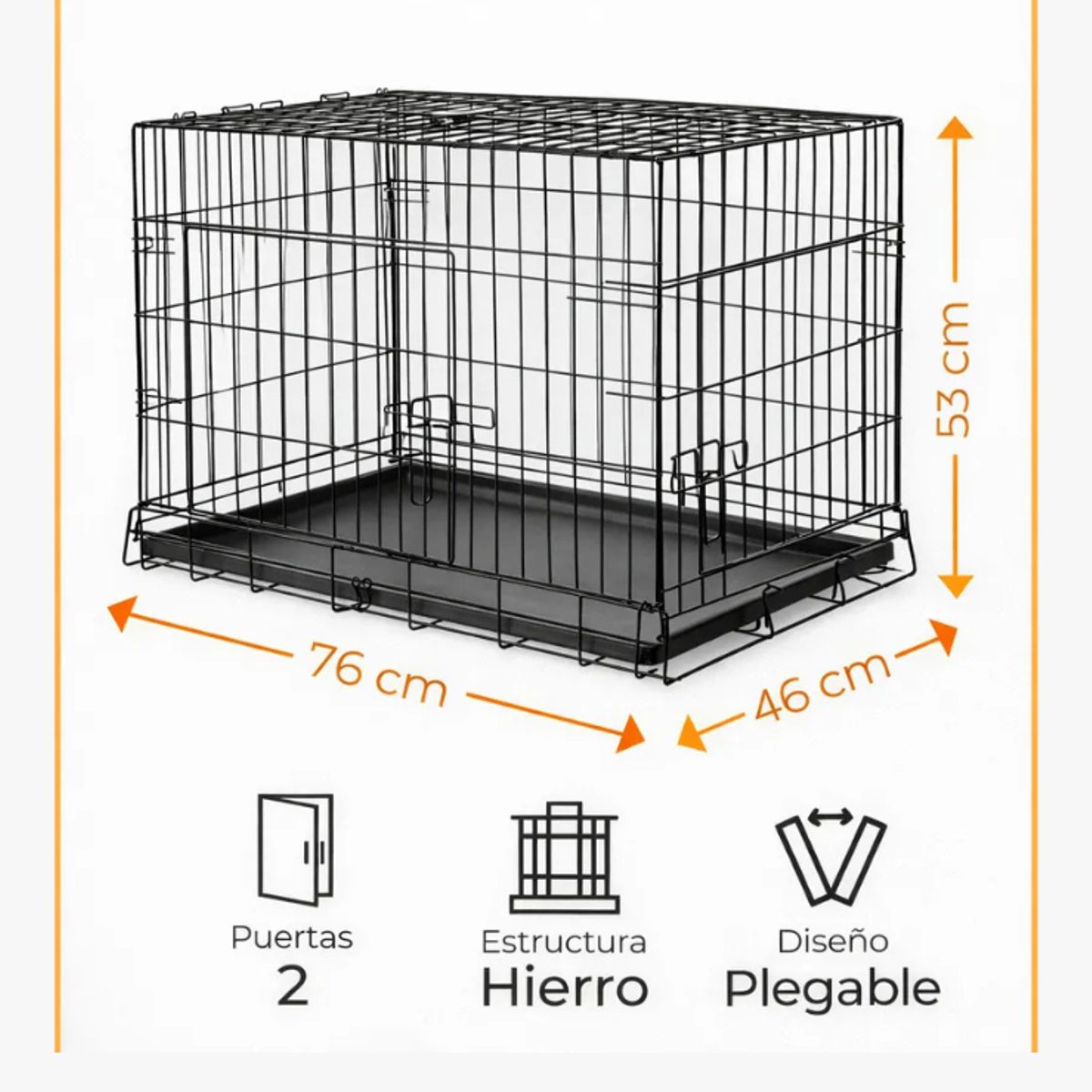 HAZ TU CLICK - Jaula Metálica Plegable Para Mascota 76x46x53cm 2 Puertas Lp Negro