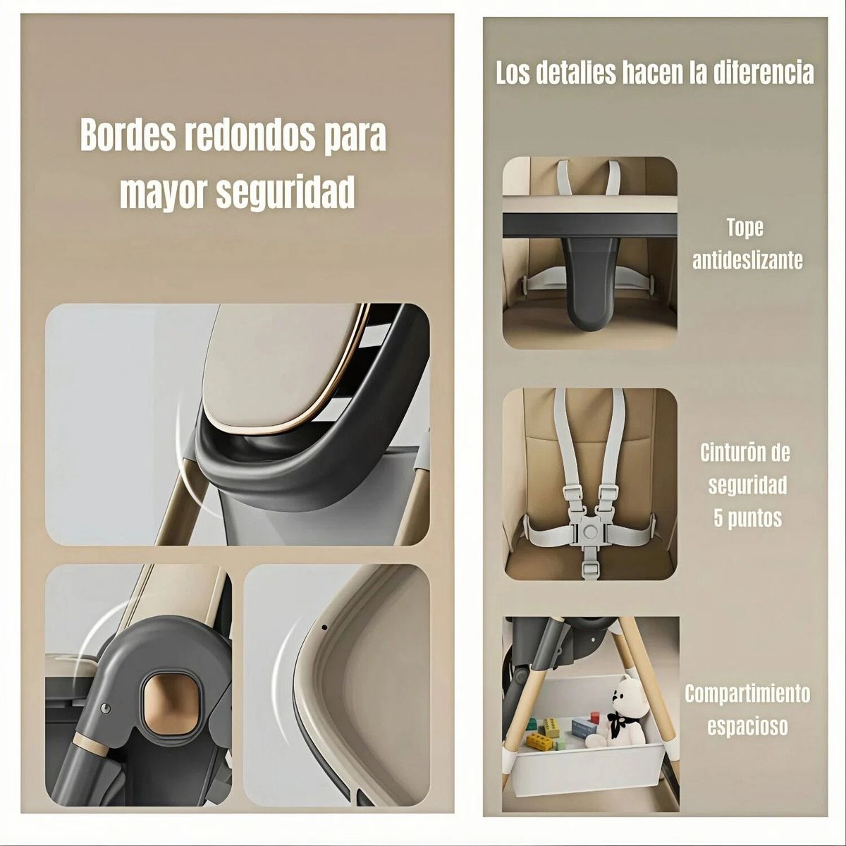 IDEEHOUSE - Silla De Comer Reclinable Plegable Baby Con Rueda Marrón Claro